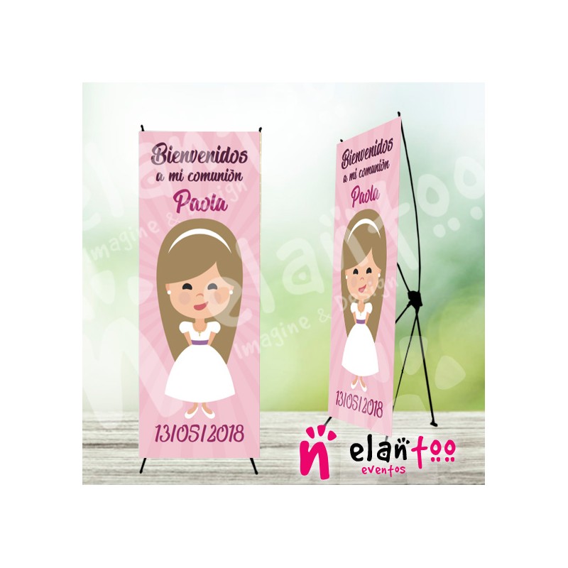 Cartel de comunión niña rosa para bienvenida - banner